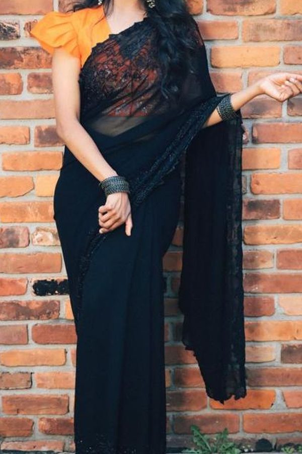 Black Embroidered Net Party Saree 2
