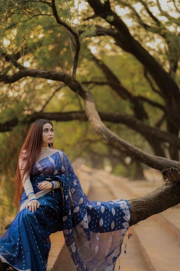 Navy Blue Printed Silk Saree