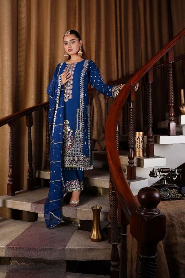 Navy Velvet Embroidered Three Piece