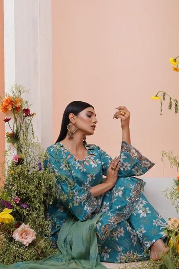 Teal Floral Lawn Three Piece 2