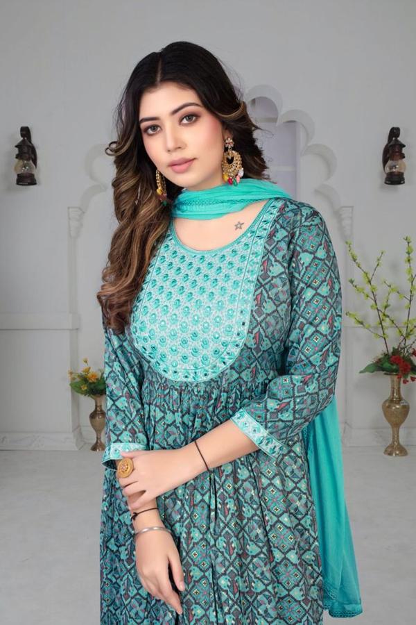 Teal Printed Anarkali Set